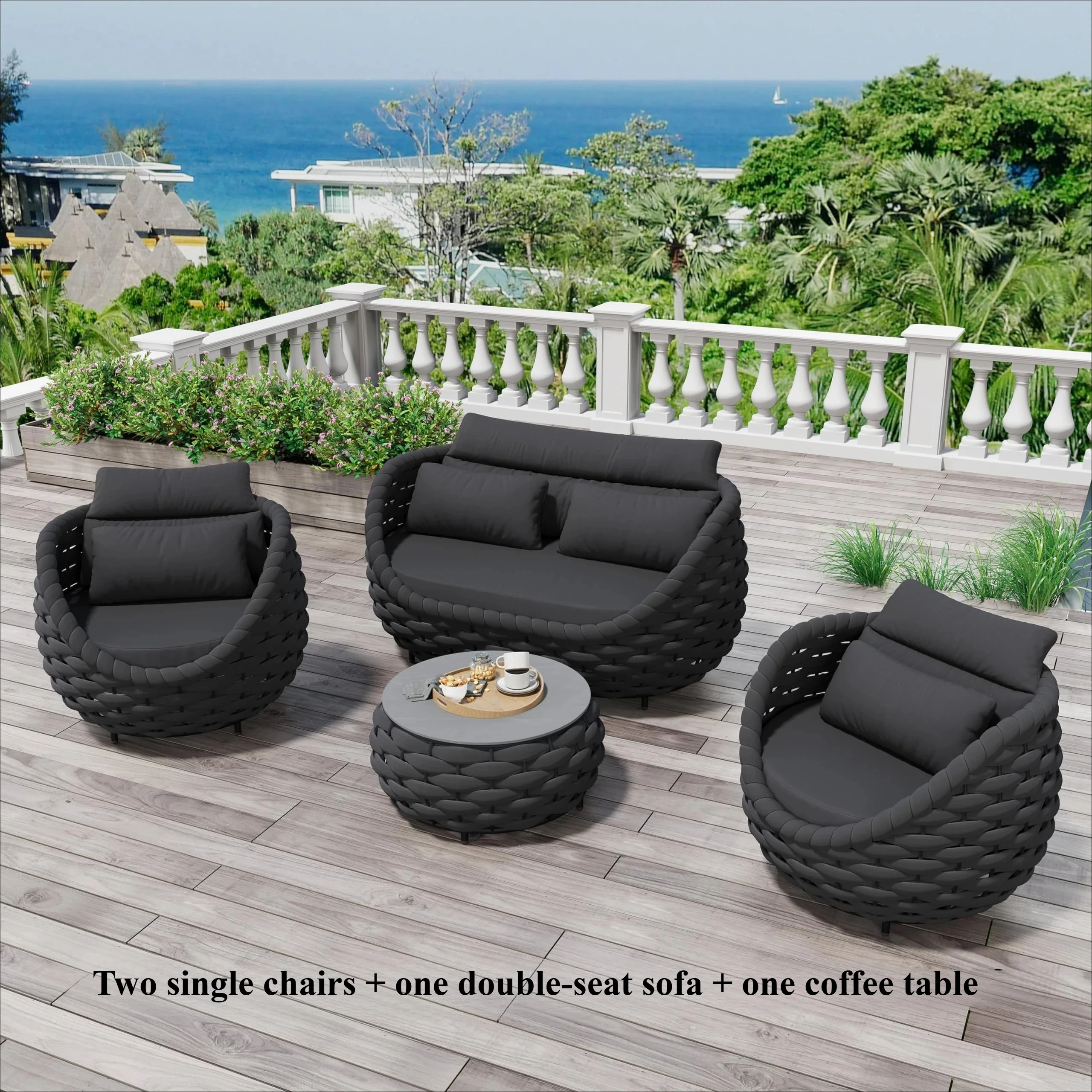 Tuinstoelenset van geweven touw, aluminium tuinmeubilair, 2-delige set met kussens, fauteuil en tafel, geschikt voor balkon, tuin, veranda, zwembadterras