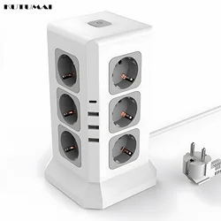 12 Way Outlets Vertical Power Socket EU Plug with 6.56 FT Extension Cord and 4 USB Charging Ports(1 USB C) Power Strip Tower