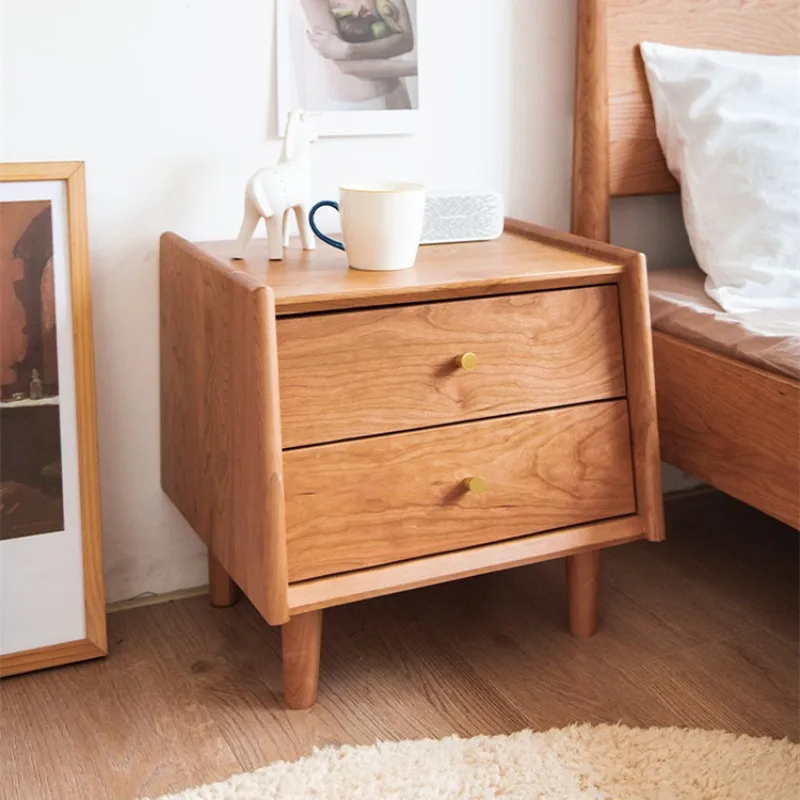 Nordic white oak cherry wood solid wood nightstand, Japanese natural wood color, simple modern bedside two-drawer cabinet