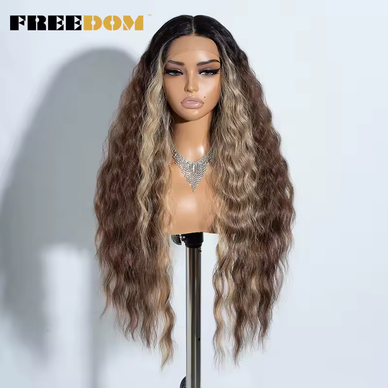 FREEDOM Synthetic Lace Front Wig Long Deep Wavy Ombre Blonde Ginger Lace Wigs For Black Women Heat Resistant Cosplay Wigs - Image 7