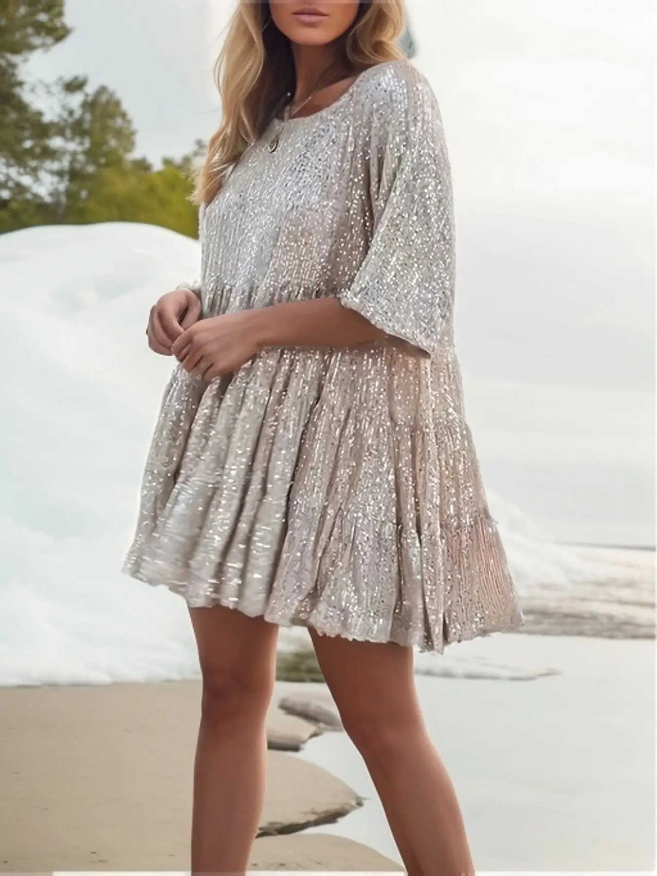 Fashion sequined round neck loose short sleeve dress banquet dress spring and summer