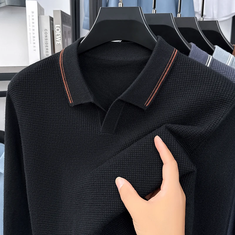 Sweter Rajut Kerah V Kecil Lengan Panjang Pria Merk High End, Warna Solid Model Waffle, Musim Gugur Musim Dingin, Tren Kasual Pakaian Pria Terbaru