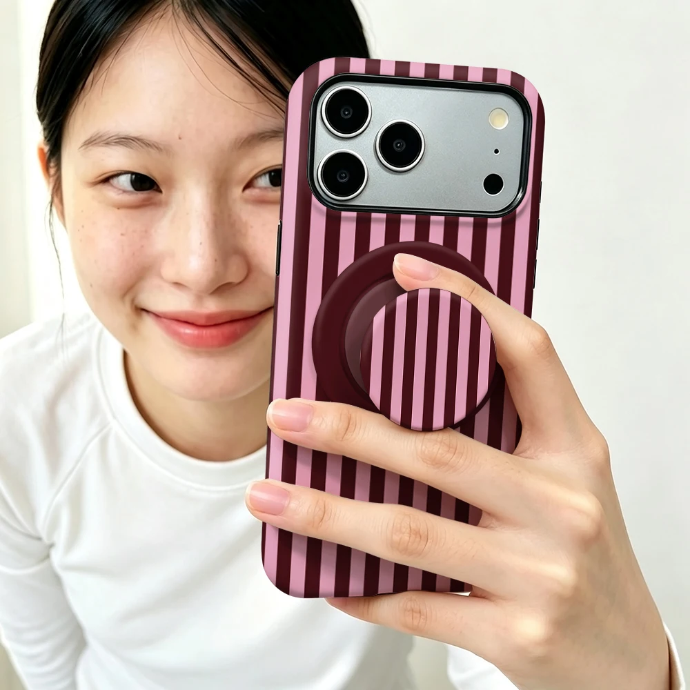 Striped Magnetic Case For iPhone 17 16 15 14 13 12 11 Pro Max Air 16e 7 8 Plus XS Max X XR 2 IN 1 Film Phone Holder Stand Case