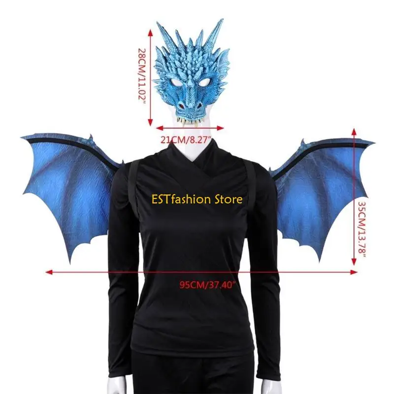 Y5GC Realistic Dinosaur Cosplay Mask and Wings Set hally Halloween Dragon Costume con cinturino per elasticità per donne adulte