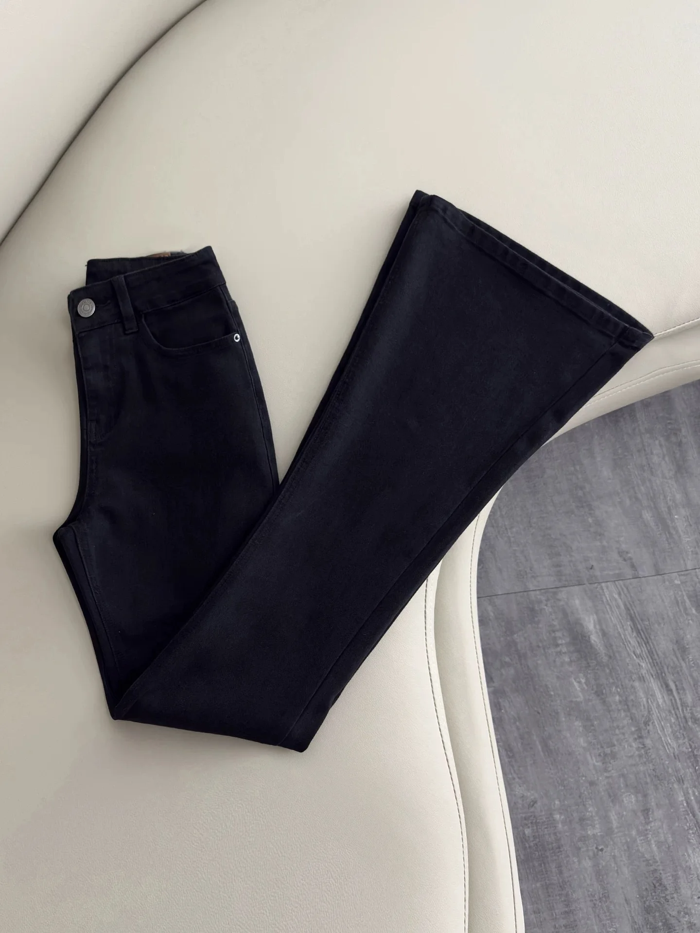 

Black Slim Fit High Waist Denim Jeans Women's Spring Summer Thin Small Size Elastic Bell Bottom Long Pants American Style