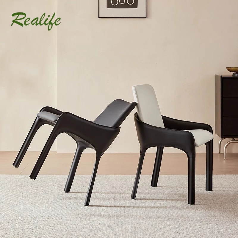 

Realife Italian Restaurant Backrest Chair Modern And Simple Home Use Saddle Leather Light Luxury Chair Coffee Creative Chair New