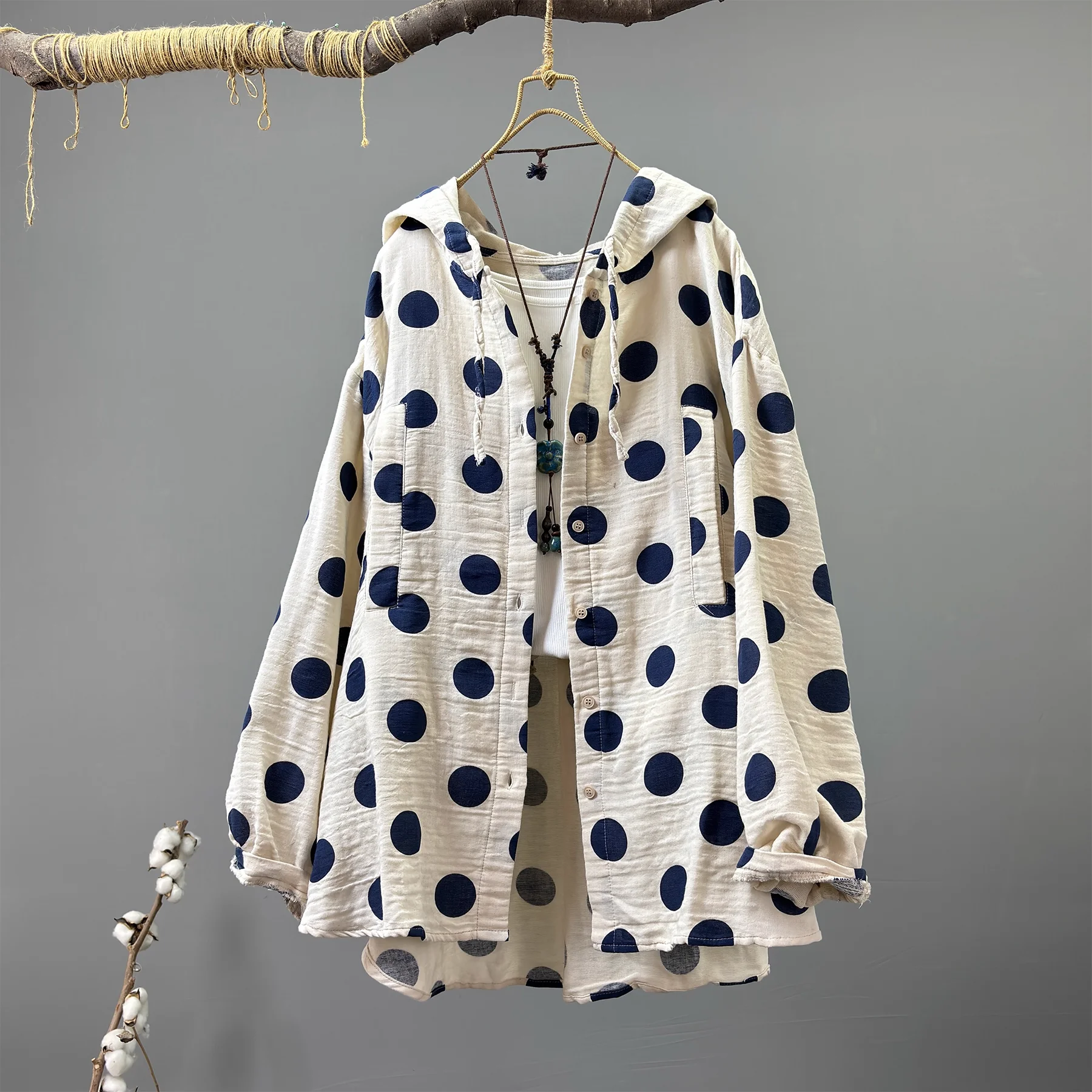 

Бюст 134 см, большие размеры, рубашки с капюшоном в горошек для женщин, толстовки из 100% хлопчатобумажной пряжи, мягкие блузки с длинными рукавами, однобортная верхняя одежда