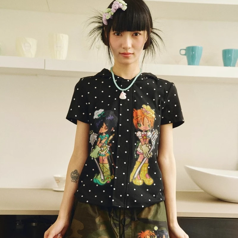 Summer Black Women's Top Original Design Cartoon Anime Polka Dot Short Sleeve Skinny Versatile Sweet Cool Hooded Shirt Ladies