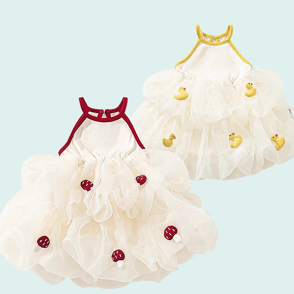 

Платье с подвесным вырезом для детей, летние 3D грибы для девочек, пышные платья принцессы с маленькой желтой уткой, повседневные платья без рукавов, наряды