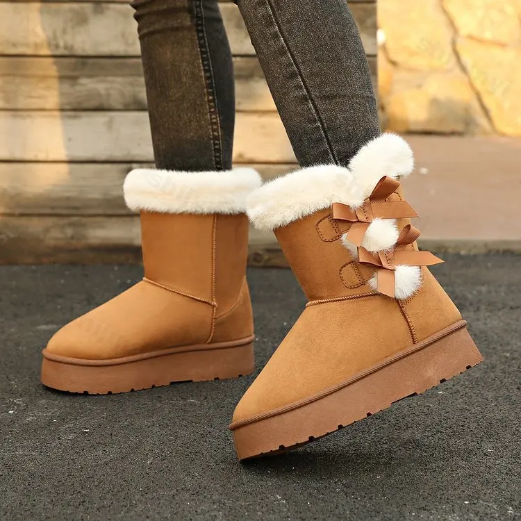 

Women Snow Boots Winter Mid-calf Boots Warm Cotton Shoes Fashion Bowknot Solid Color Ladies Brown Platform Long Boots Plus Size