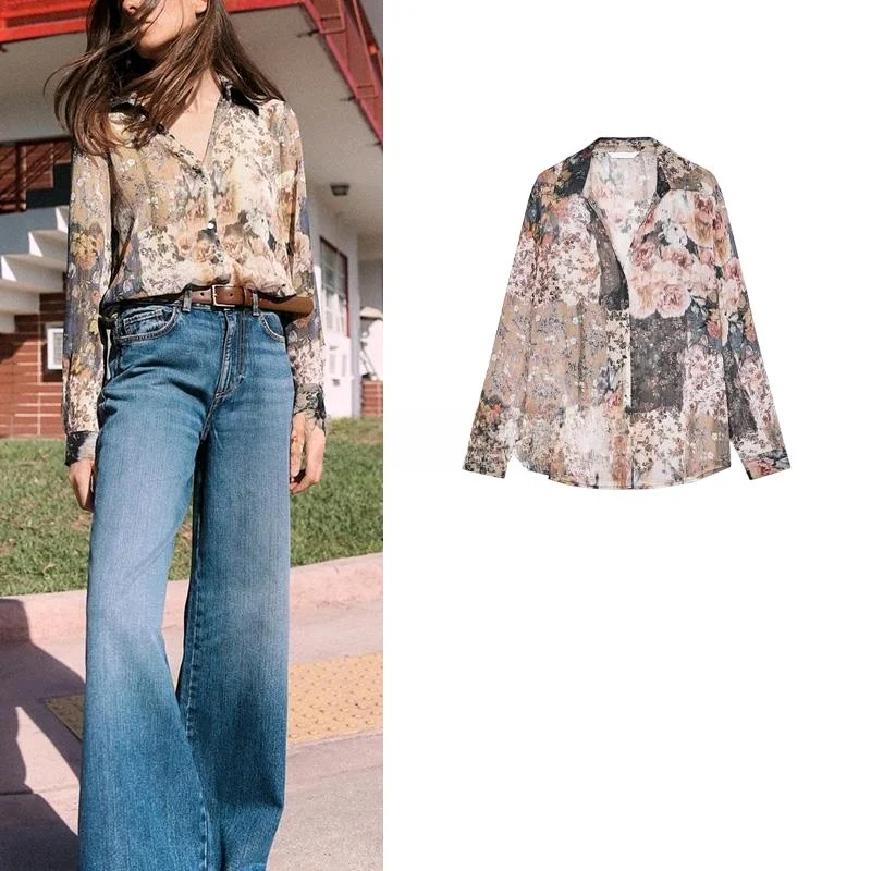 

Spring New Arrival Women's Casual Faion Long Sve Printed irt Metal Color Turn-down Collar Polyester Fiber 00%
