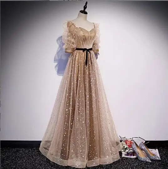 Einfache Abendkleider Bodenlang A-Linie Pailletten Tüll Abendkleid Lace Up Zurück Vestido De Festa Neue Stil