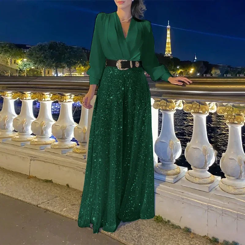 Women Party Jumpsuits Spring V-neck Long-sleeved Shirt Elegant Jumpsuits Rompers Waist Sequined French Wide-leg Pants Jumpsuits