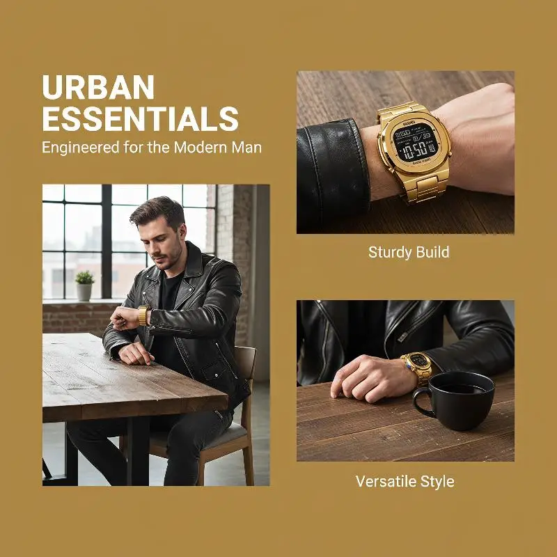 Goldene Digitaluhr mit Edelstahlarmband, Doppelzeit, Wochentags- und Datumsanzeige für den täglichen Business- und Freizeitgebrauch. – Detail 5