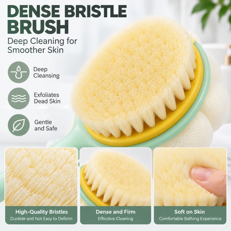 3-Piece Set of Long-Handled Soft-Bristled Double-Sided Bath Brushes, 2-in-1 Bath Scrubber with Hook, Ultra-Soft Bristle Body Bath Brush, Easy Cleaning of the Back