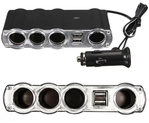 4 Way Car Cigarette Lighter Splitter Dual USB 12V 80W Power Adapter 75CM Extension Cable With Power Indicator