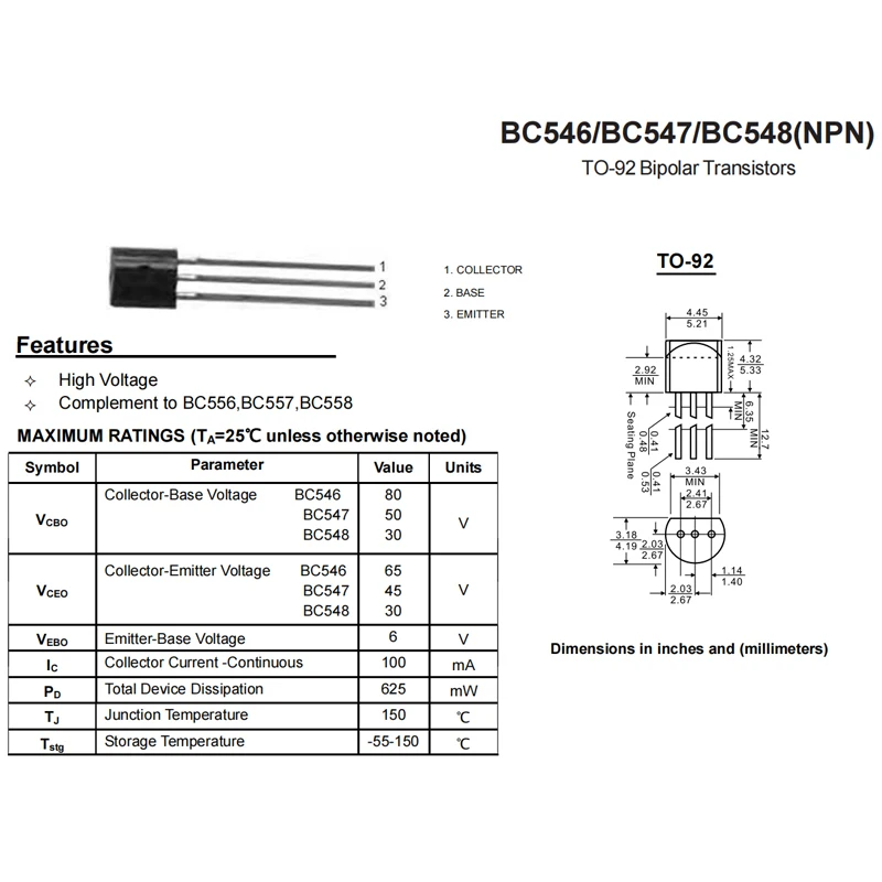 BC546B BC547B BC547C BC548B BC549B BC549C BC550B BC550C BC556B BC557B BC558B BC559B BC560C BC560B BC516 BC517 TO-92 100PCS