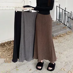 Xpqbb Lazy Style High Waist Long Skirt Women Vintage Brown Fold Slim Fit Mermaid Skirts Kobiece eleganckie spódnice midi Streetwear