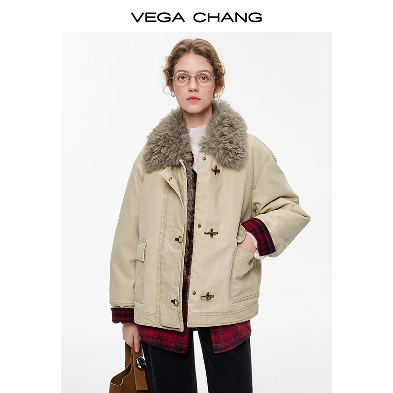Vega Chang Novo estilo de inverno com fivela de avião de metal e gola de pele confortável jaqueta quente feminina