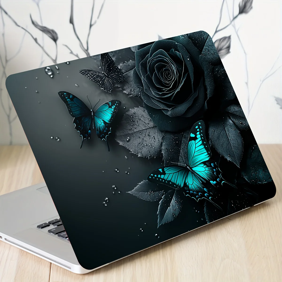 

2-компонентный чехол-наклейка для ноутбука с бабочкой и розой, универсальные наклейки на кожу нетбука, многоразовые наклейки на кожу ноутбука, водонепроницаемые наклейки