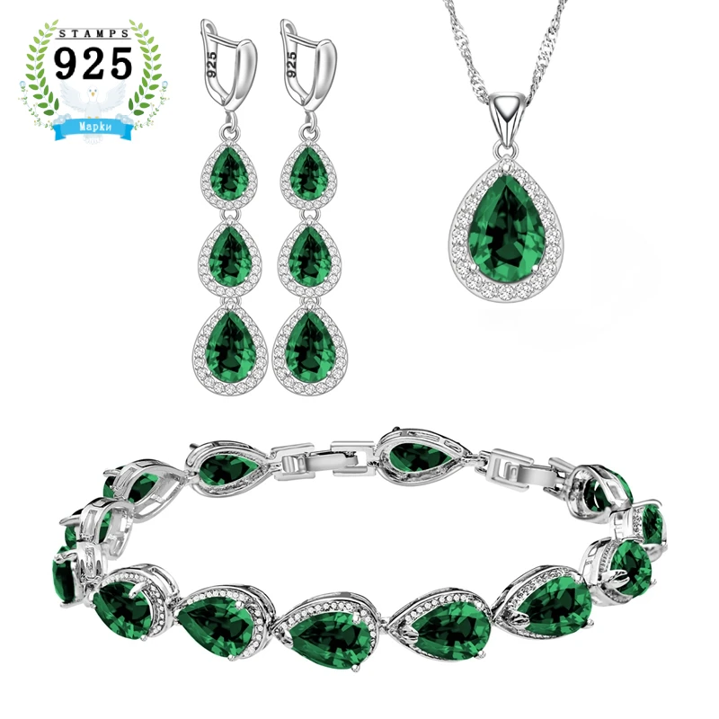 Water Drop Green Cubic Zirconia White CZ 925 Silver Jewelry Sets For Women Wedding Earrings/Pendant/Necklace/Bracelet