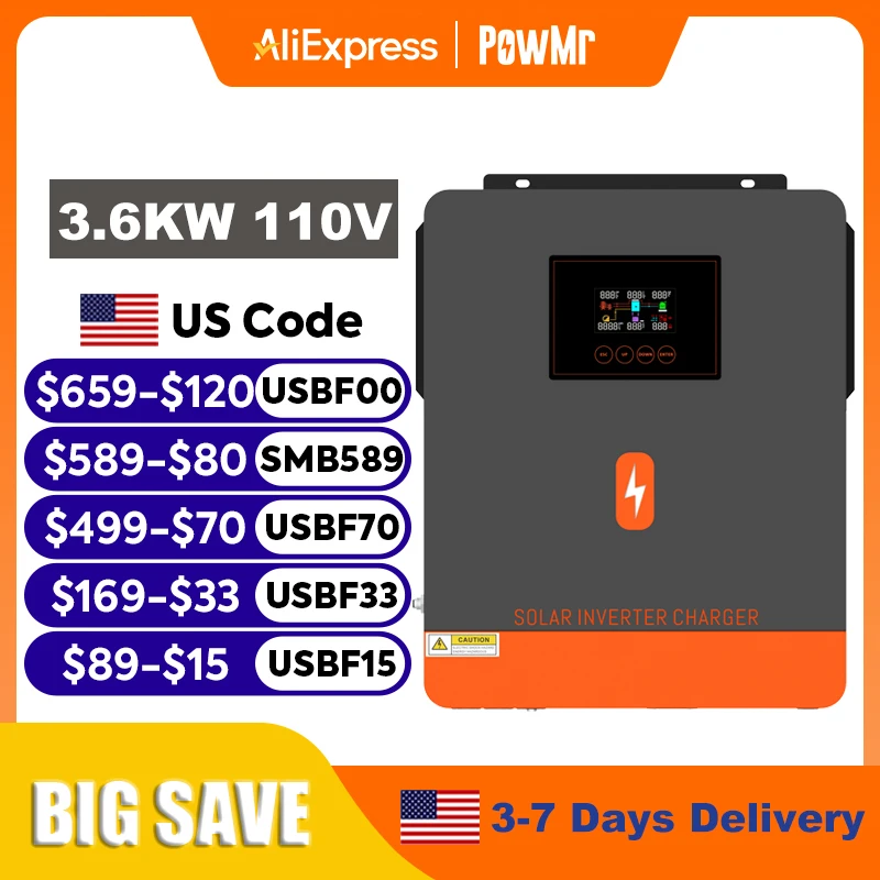 PowMr 3.6KW عاكس شمسي هجين 24 فولت 110 فولت خارج الشبكة عاكس موجة جيبية نقية مرحلة واحدة مع شاحن بطارية شمسية MPPT 120A #1