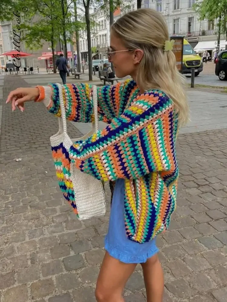 

Colorful Crochet Striped Knit Cardigans Women Sweater 2023 Fall Vintage Loose Long Sleeve Female Cardigan Casual Y2K Streetwear