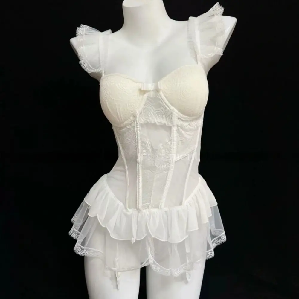 

Comfortable Bow Flower Lace Nightgown Ruffle Women Lingerie Camisole Nightwear Transparent Sweet Mesh Nightdress Home