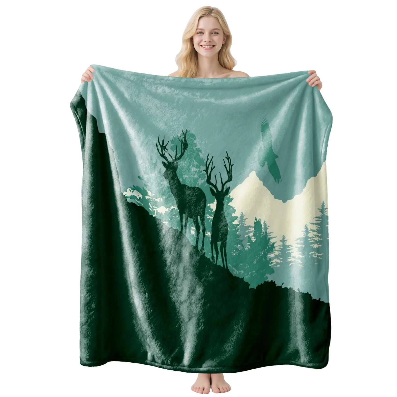 Mountain Deer Blanket Silhouette Flying Eagle Throw Couch Cover Dark Green Pine Forest Fleece Blankets Bedroom Bedding Decor