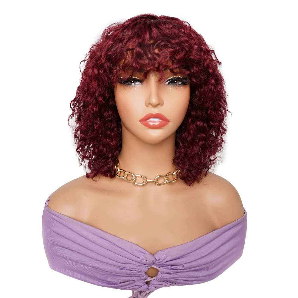 #99J Bob Wig With Bangs 250% Density 12 inch Water Wave Full Machine Made Wigs Wavy Remy Indian Human Hair Extensions