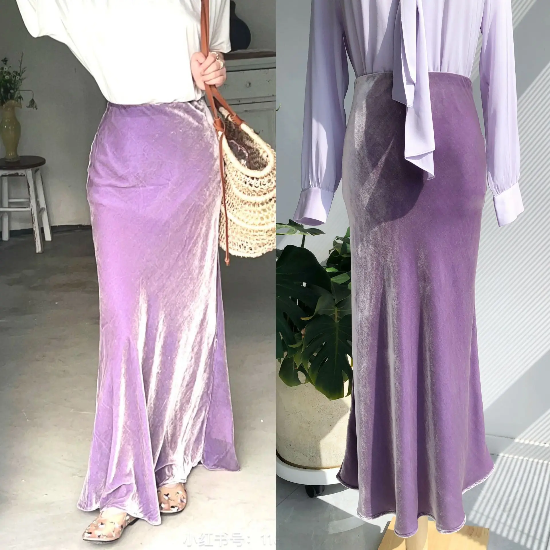 Gentle and Noble Taro Purple Light Oxygen Fashionable High-end Silk Velvet Diagonal Skirt, 20% Silk +80% Vicose