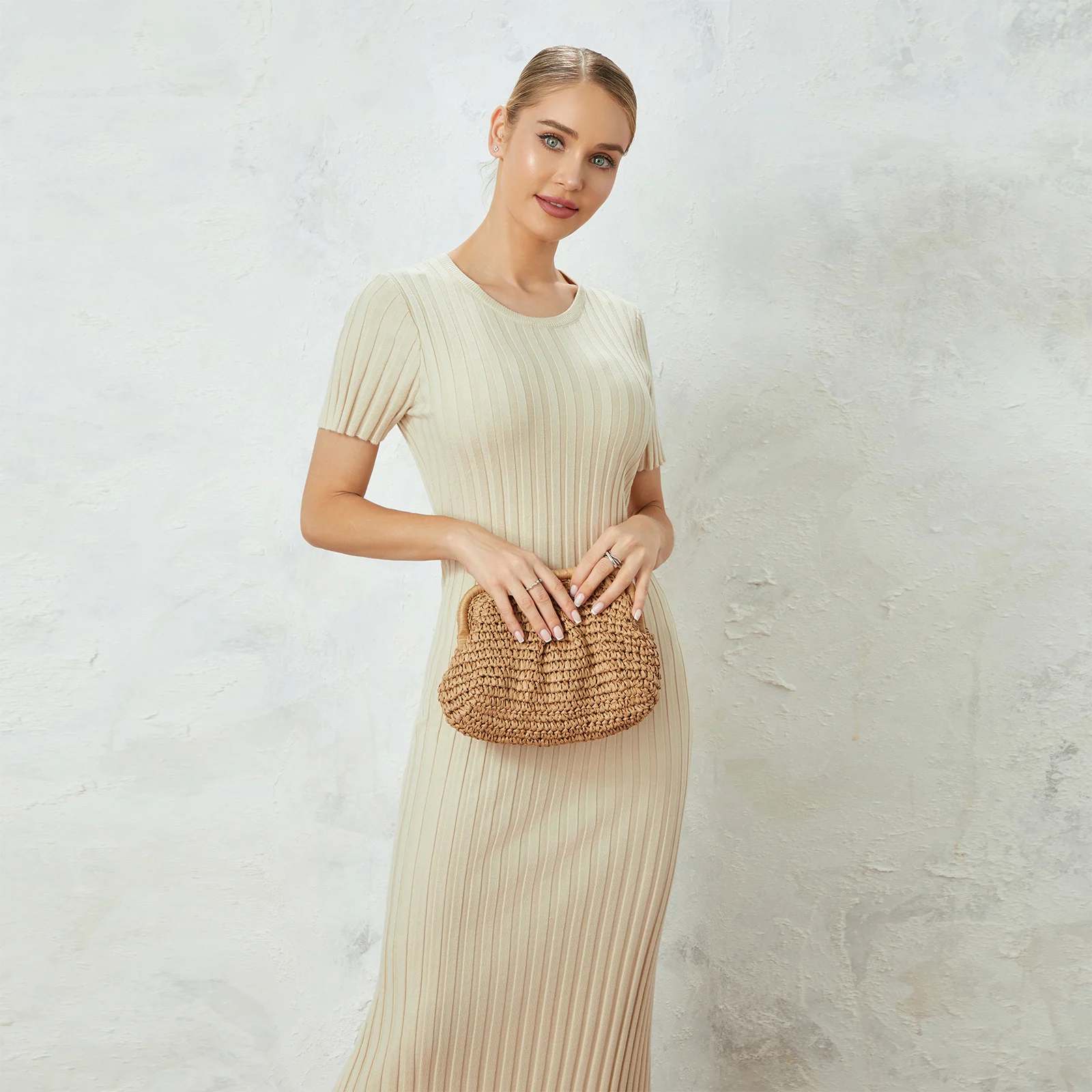 Women Fashion Long Dress Solid Color Round Neck Short Sleeve Dress Summer Tie-Up Party Rib Knit Dress