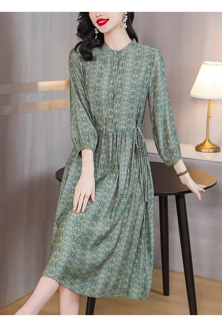 Vestido Midi plisado de seda azul con borlas para mujer, vestido informal de manga larga con cuello con volantes, vestido elegante coreano 2025