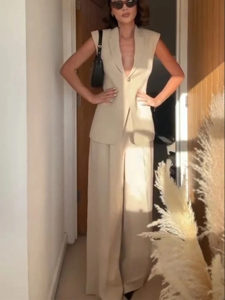 

KONDALA Office Lady Casual Solid Women Suit V-Neck Single Button Vest Straight Loose Pants New Fashion 2025 Spring Summer Sets