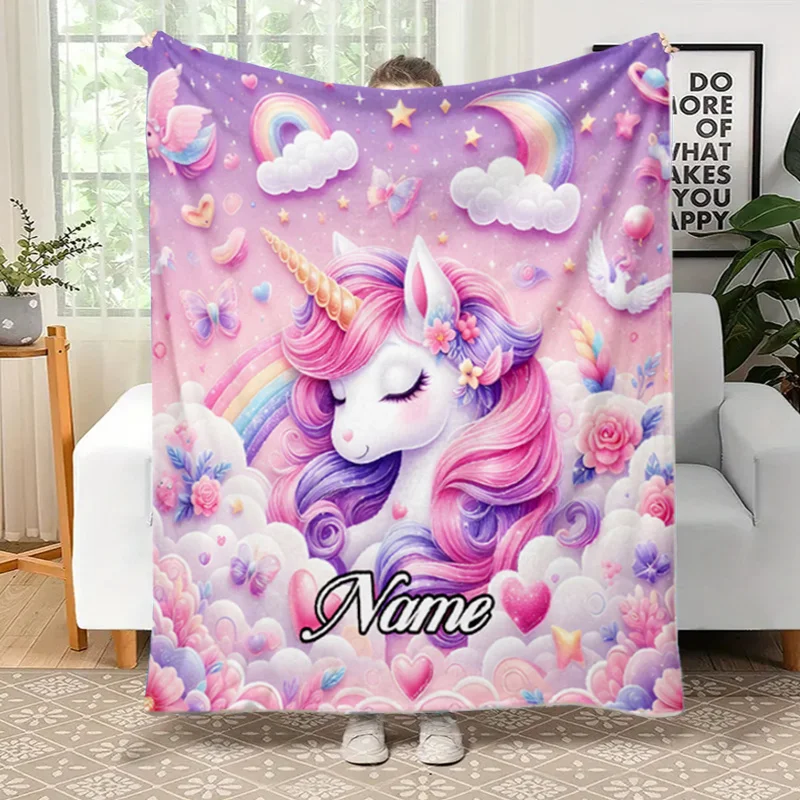 Personalized unicorn blankets-custom name,digital printing,cartoon-themed sofa blankets suitable for all seasons, picnic blanket