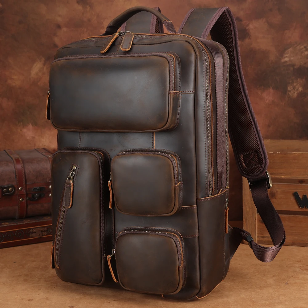 New Arrival Factory Made Vintage Full Grain Genuine Crazy Horse Leather Backpack Bag Laptop Real   Travel 