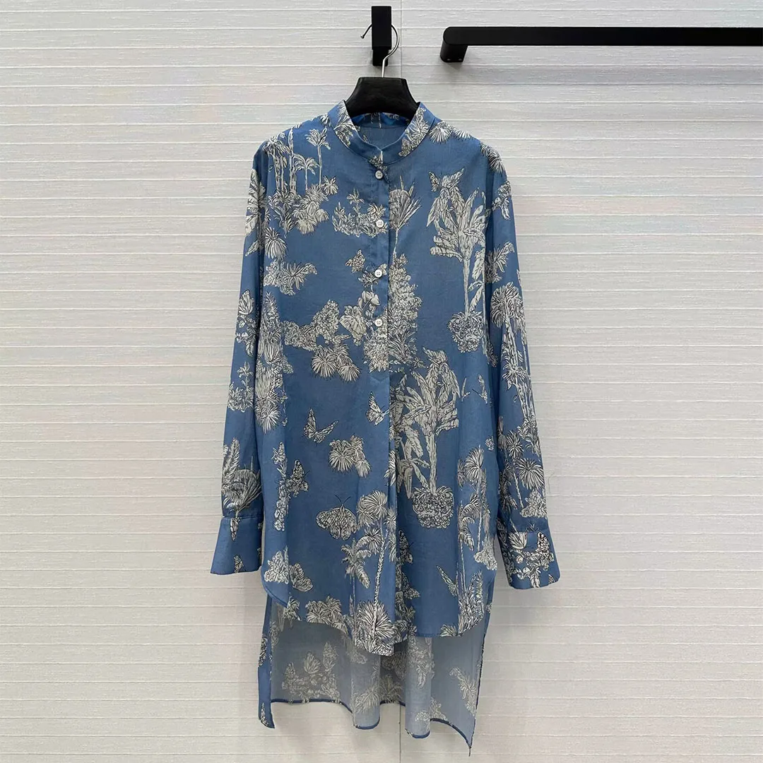 

2025 New Vintage Plant Butterfly Print Loose Long Shirt Women O-neck Long Sleeve Blue Cotton Blouse Casual Tops