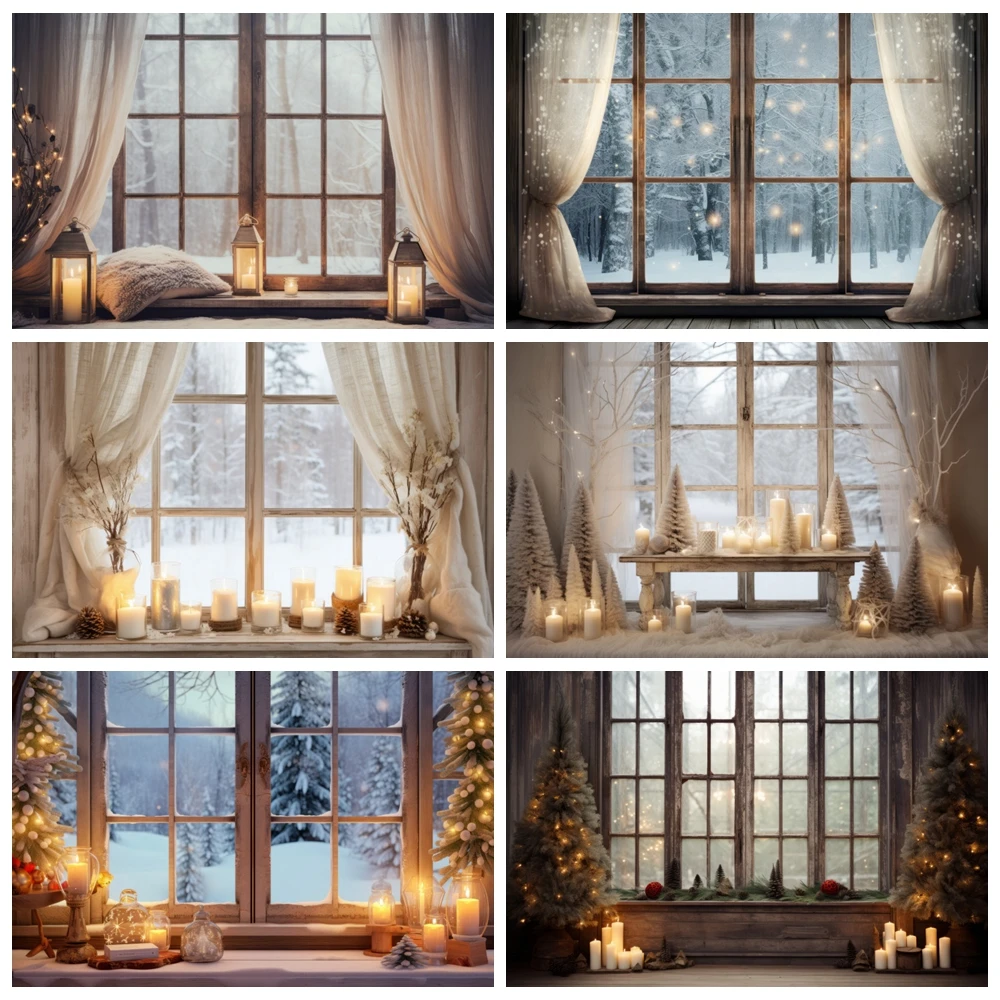 

Winter Forest Snow Scene Backrop Wooden Window Curtains White Candle Home Decoration Photozone Christms Photography Background