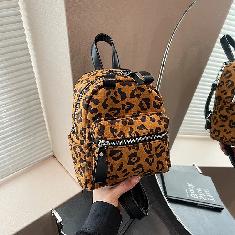 Ransel wanita motif macan tutul, ransel Mini ponsel serbaguna, fesyen komuter belanja, ransel wanita motif macan tutul baru musim gugur 2024