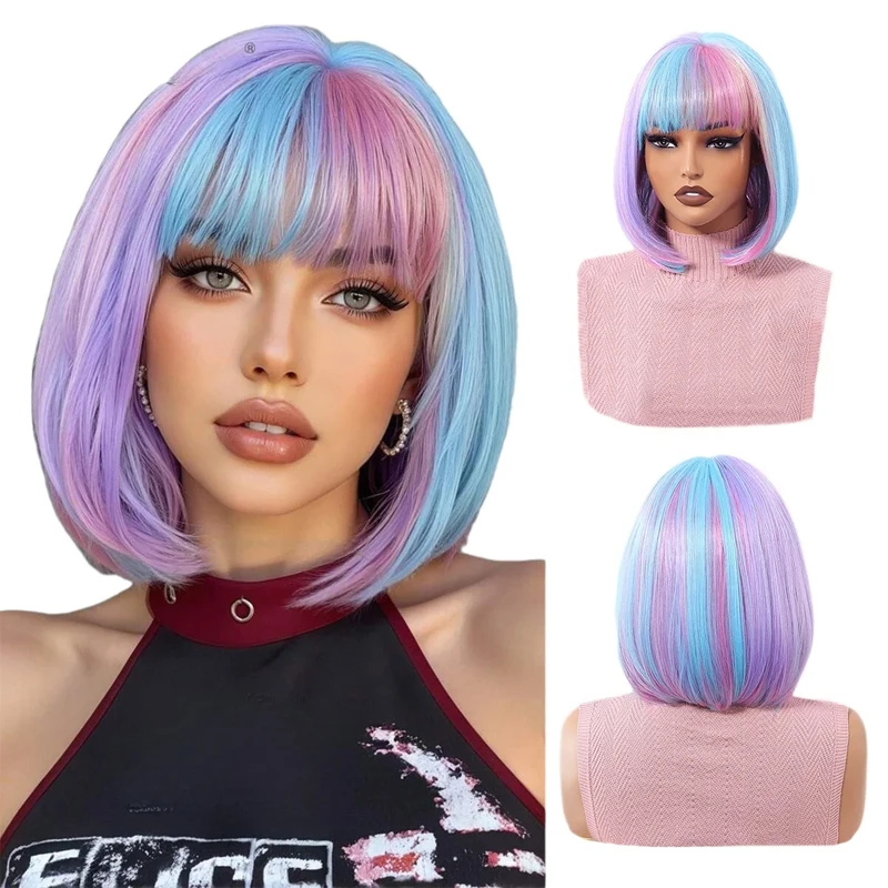 

Colorful bob wig party with bangs for girls, short straight hair, Halloween costume wig Synthetic fiber wig