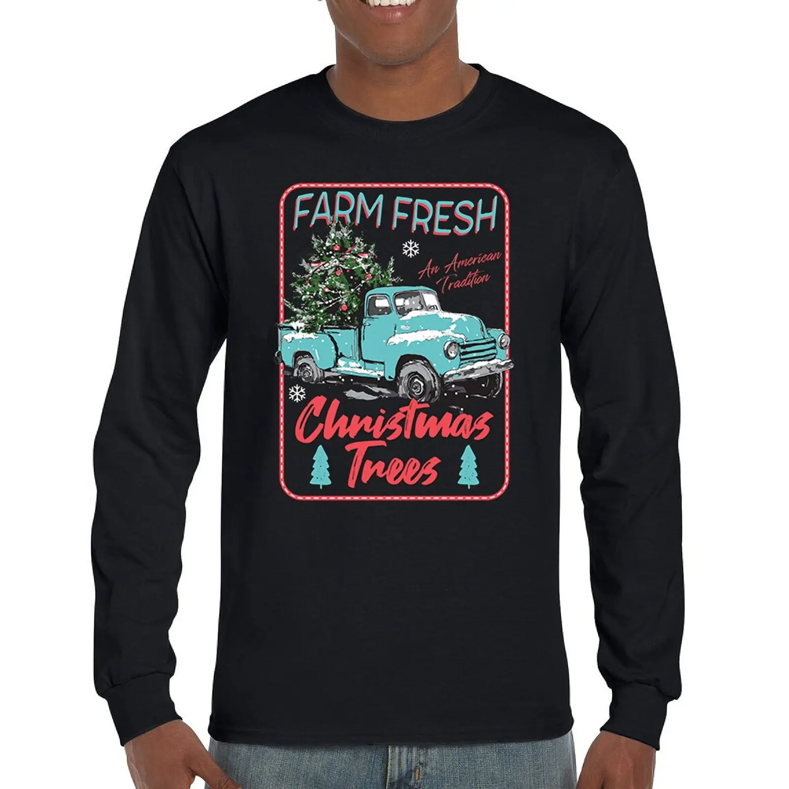 

Farm Fresh Christmas Trees Long Sleeve T-shirt American Tradition Retro Truck