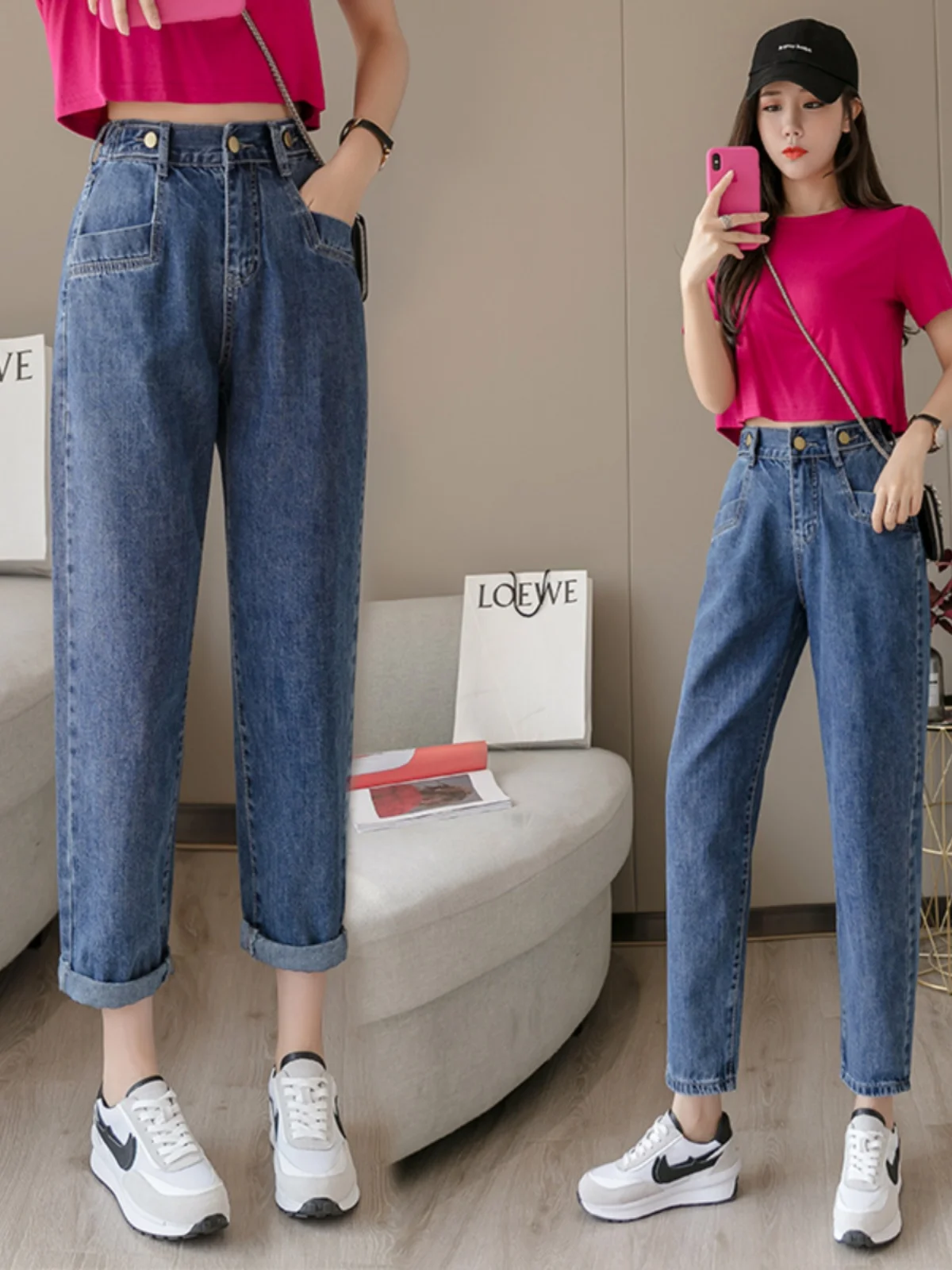 Slim Fit Cintura Alta Harlan Azul Denim Jeans Feminino Primavera Faion Dezoito Orbs Elástico Cintura Pequena Estatura Amigável