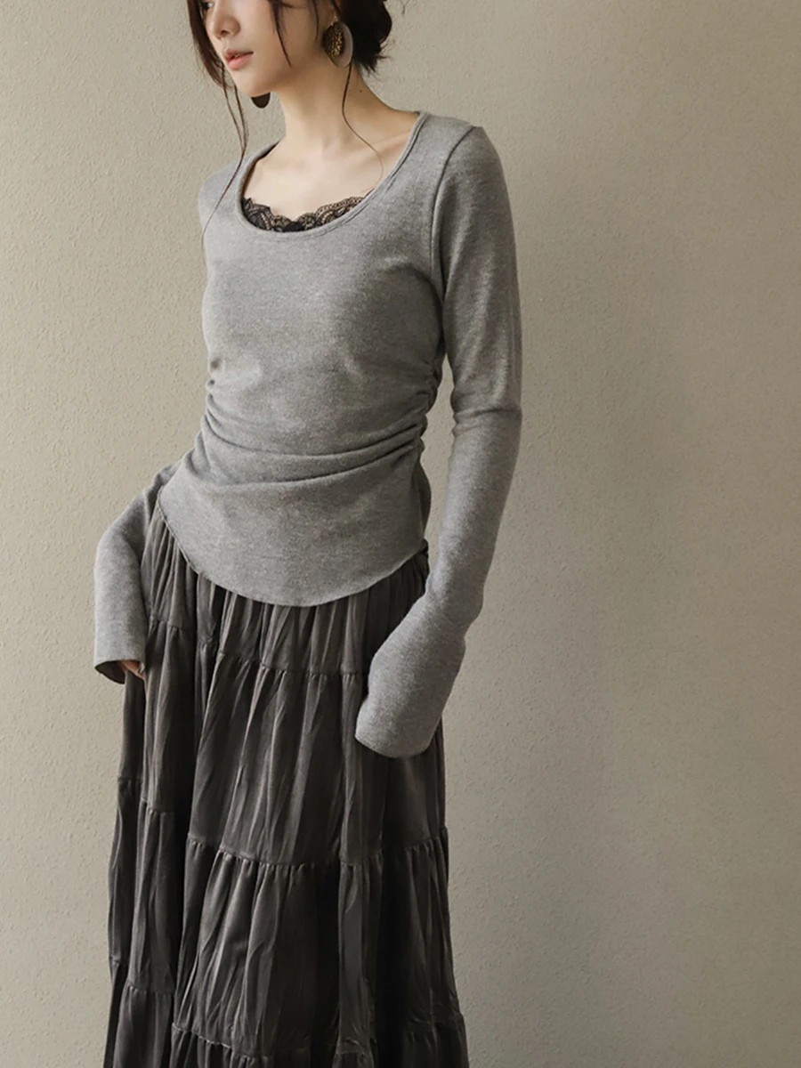 

Low Ne Lace Splicing Knitted irt Women's Autumn Winter Slim Fit Base irt Top MZOMXO Design Sense Fake Two-Piece