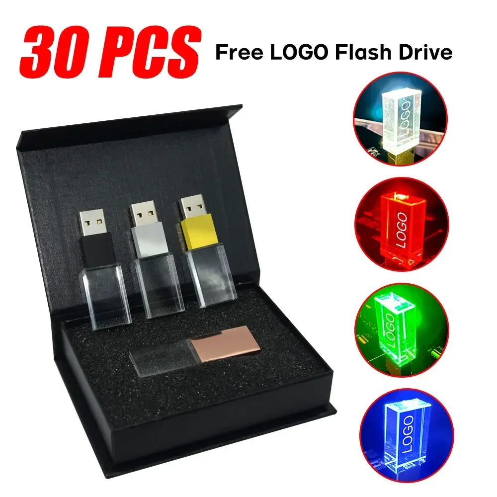 30pcs/lot Wholesale Crystal USB2.0 Flash Drive 128G Free Custom Logo Pen Drive 64G Box & LED Memory Stick 32GB 16GB Wedding Gift