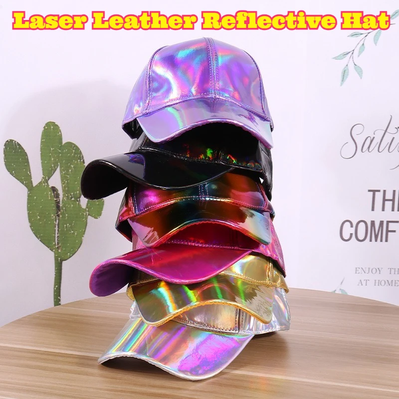 

Unisex Reflective Laser Leather Baseball Cap New Fashion Gradient Color Rainbow Caps Mens Womens Outdoor Party Wear Hop Trendy