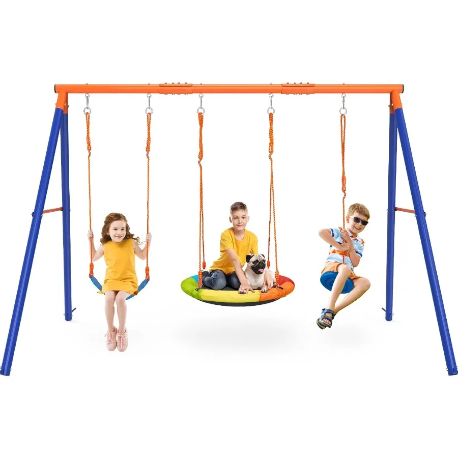 

Outdoor HeavyDuty Metal Swing Set for Ages 38 in Backyard with 2 Saucer Swings and a Double Ring Swing 440 lbs Weight Capacity