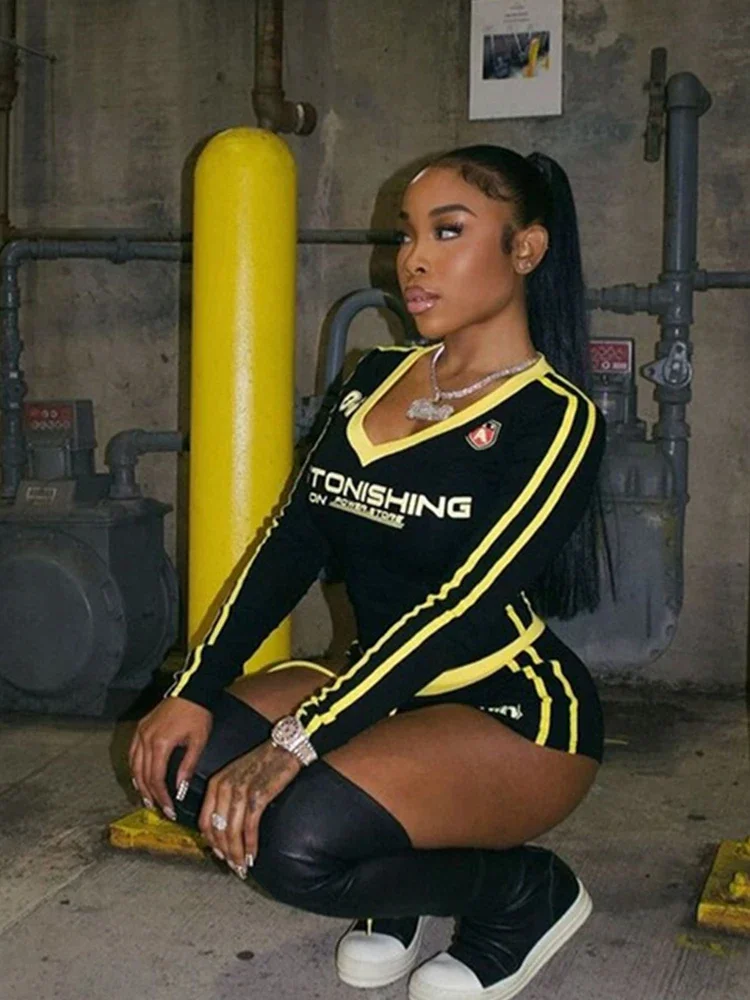 Letter Print Contrast 2 Piece Set Women V-Neck Sporty Full Sleeve Jersey+Drawstring Mini Short Casual Trend tracksuit