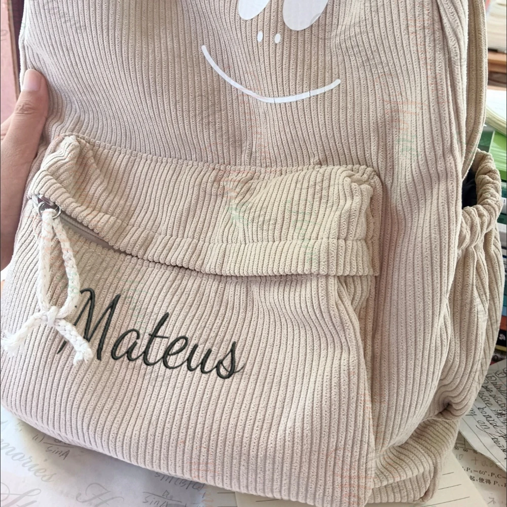 Middle School Student Schoolbag Personalized Name Boys Girls Simple Solid Color Corduroy Backpacks Custom Kids Travel Bags