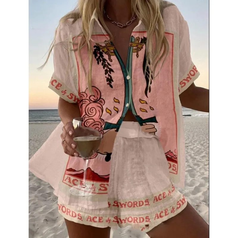 ผู้หญิงสบายหลวมกางเกงขาสั้นชุดฤดูร้อนพิมพ์เสื้อลําลองแขนสั้น + กางเกงขาสั้นขากว้าง 2 ชิ้นชายหาดสวมชุดหญิง