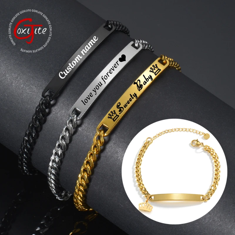 Goxijite Custom Engrave Name Bracelet For Women Men Kids Stainless Steel Customized Date Symbol Crown Bracelets Jewelry Gift